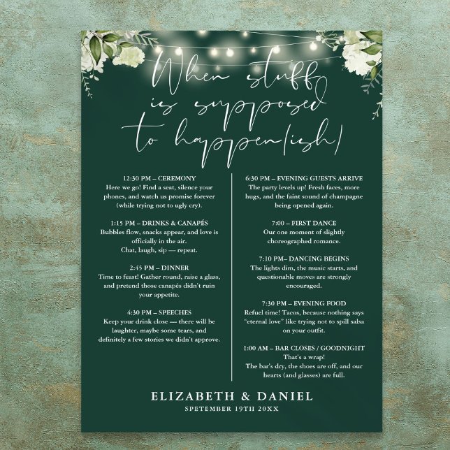 Smyckesnöre Ljusslingor Blommig Bröllopsprogram Poster (Emerald String Lights Floral Wedding Itinerary Poster)