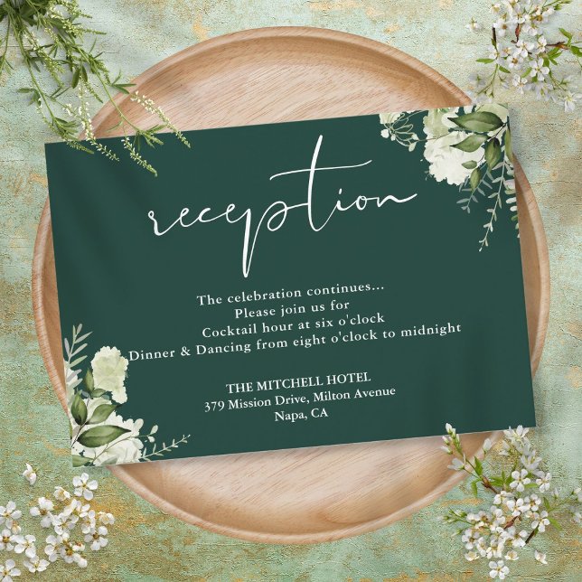 Smyggrön blomsterformad vigselmottagning tilläggskort (Emerald Green Floral Script Wedding Reception Enclosure Card)