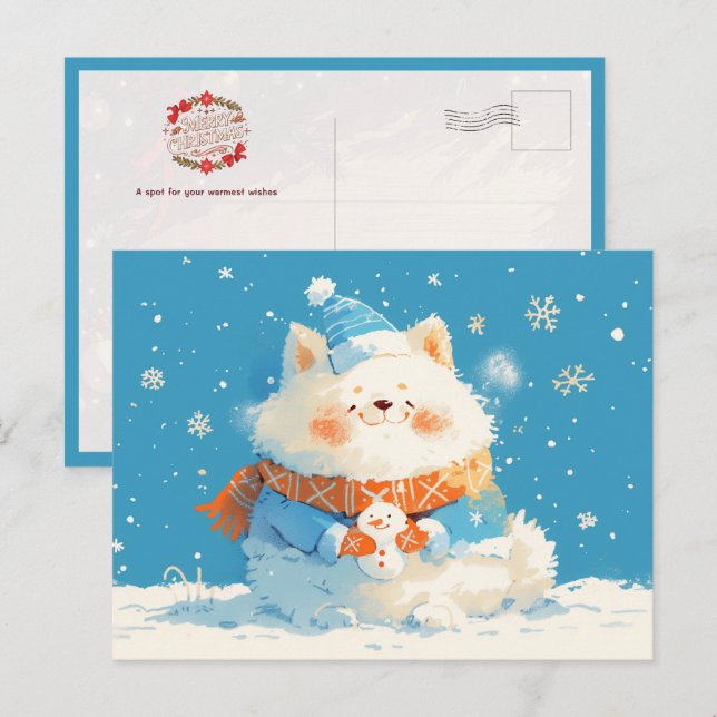 Smygig Samoyed Hund med Mini Snömannen Vykort (Fram/baksida)