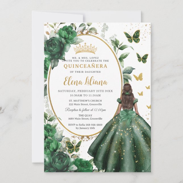 Smyraggrön blomsterglas prinsessklänning Quinceañe Inbjudningar (Framsida)