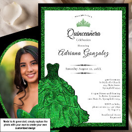 Smyragron klänning anpassad foto Quinceanera Inbjudningar