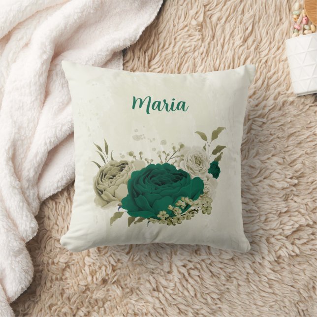 smyragrona beige blommor kudde (Filt)