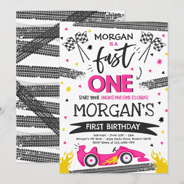 Snabb 1:a födelsedag Party Rosa Tävling bil Fast 1 Inbjudningar (Fram/baksida)