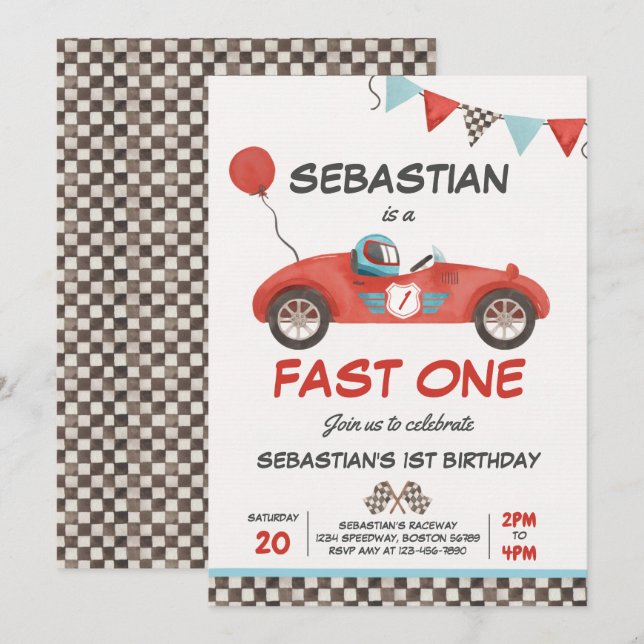 Snabb 1 Födelsedagsfest röd Tävling-bil 1:a födels Inbjudningar (Fram/baksida)