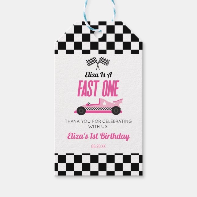 Snabb 1 Rosa Tävling-bil första födelsedag Party Presentetikett (Framsidan)