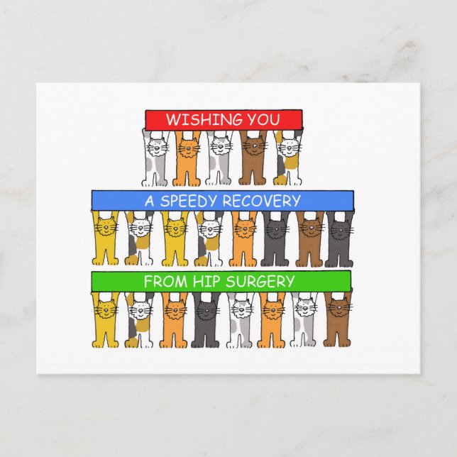Snabb återhämtning från höftkirurgi, katt och rått vykort (Framsida)