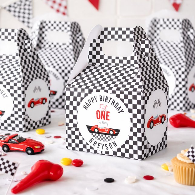 Snabb Bil Pojke 1-års Födelsedagsfest Presentaskar (Fast One Race Car Boy 1st Birthday Party Favor Boxes)