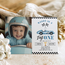 Snabb En Blå Foto Racingbil Pojke 1-årsdag Inbjudningar