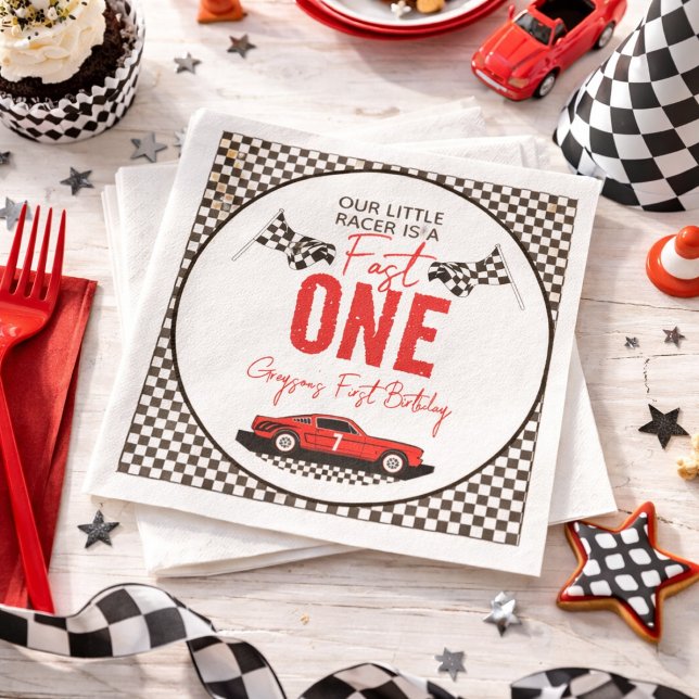 Snabb En Racerbils Pojke 1-års Födelsedagsfest Pappersservett (Fast One Race Car Boy 1st Birthday Party paper napkins)