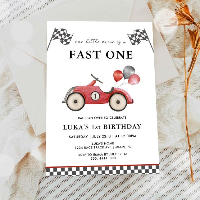 Snabb En Röd Racingbil Pojkar 1-årsdag Inbjudningar (Skapare uppladdad)