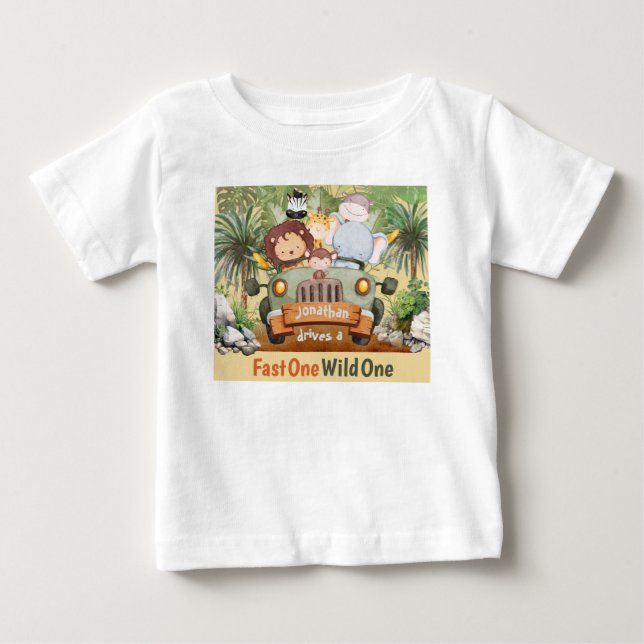 Snabb En Vild En Safari Djur Bil 1-års Födelsedag T Shirt (Framsida)