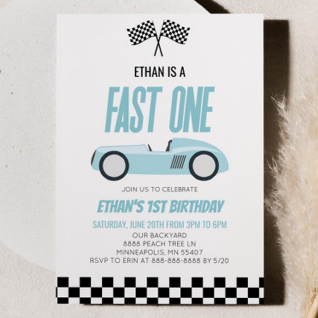 Snabb ett Blue Racecar Tävling-kort, första födels Inbjudningar (Skapare uppladdad)