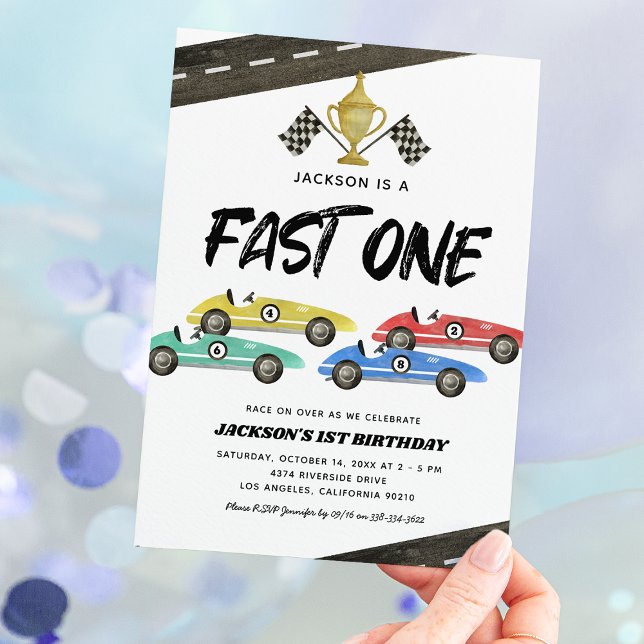 Snabb Ett Racingbil 1-års Födelsedagsinbjudan Inbjudningar (Skapare uppladdad)