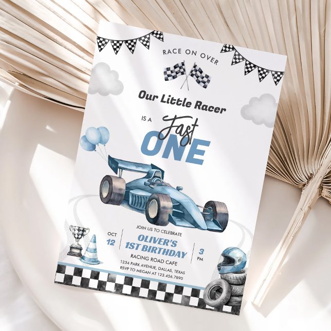 Snabb Ett Racingbil Pojke 1-års Födelsedagsinbjuda Inbjudningar (Skapare uppladdad)