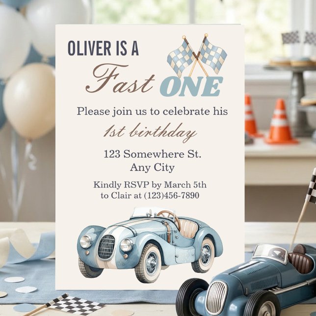 Snabb etta 1-års födelsedag Blå racerbil Pojke Inbjudningar (Fast One 1st Birthday Blue Race Car Boy Invitation)