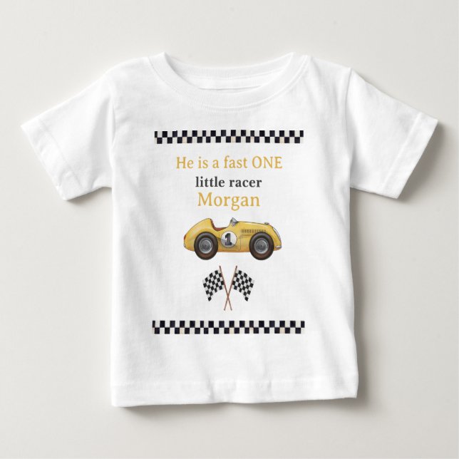Snabb Gul Racingbil Barn Första Födelsedagsfest T Shirt (Framsida)