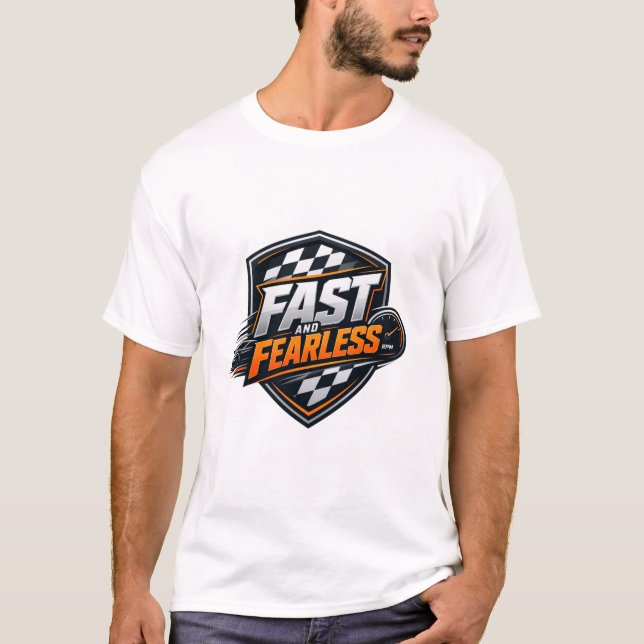 Snabb och orädd racing sköld grafisk t-shirt (Framsida)