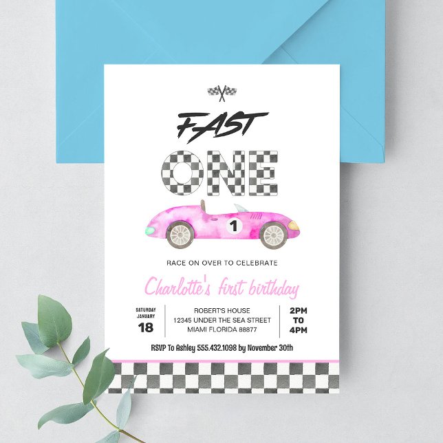 Snabb ONE Vintage Rosa Racingbil 1-årsdag Inbjudningar (Skapare uppladdad)