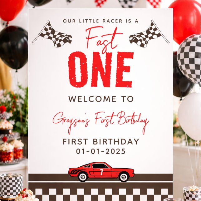 Snabb Racerbils Pojke 1-års Födelsedagsfest Poster (Fast One Race Car Boy 1st Birthday Party Poster
)