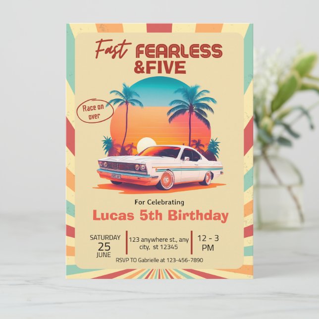 Snabb Räddlös & FEM Retro Racingbil  Inbjudningar (Stående Fram)