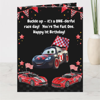 Snabb Röd & Svart Racingbil Barn Foto Födelsedag  Kort