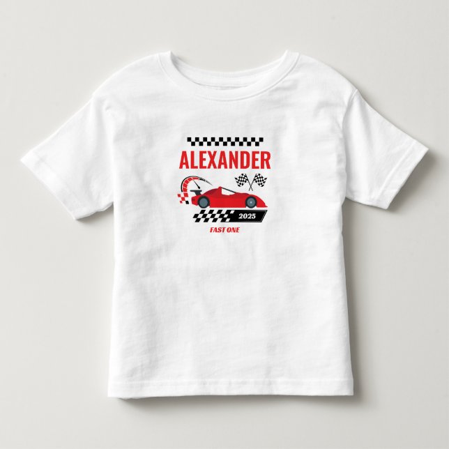 Snabb röd vintage racerbil tema pojkens födelsedag t shirt (Framsida)