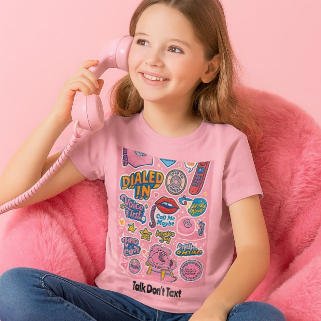 Snabb textersättning av roterande Mobil Rosa T Shirt (Retro dial up phone tee for girls "talk don't text" )