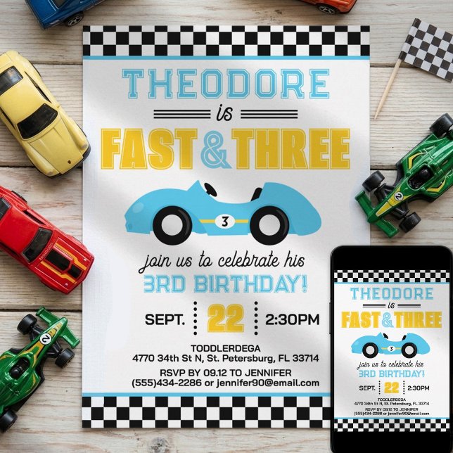 Snabb & Tredje Racingbil 3-årsdag Inbjudningar (Skapare uppladdad)