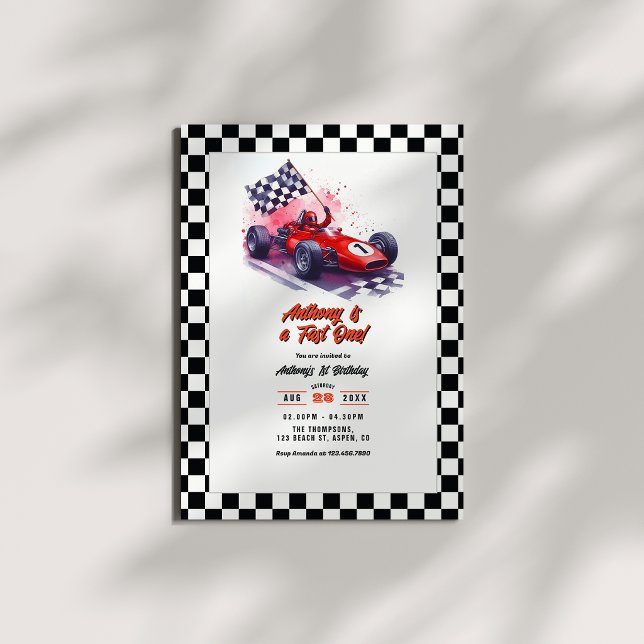 "Snabba Ettan" Racingbil 1-års födelsedagsfest Inbjudningar ("Fast One" Race Car 1st Birthday Party Invitation)