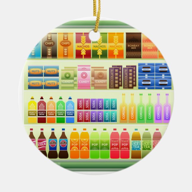 snabbköpshyllprodukter snacks julgransprydnad keramik (Framsidan)