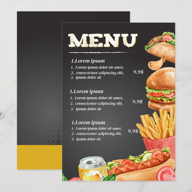 Snabbmat restaurang meny (Fram/baksida)