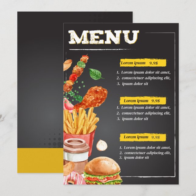 Snabbmat restaurang meny (Fram/baksida)
