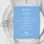Snabbmeny för budgeterad Elegant, blå Bröllop<br><div class="desc">Ett litet, prisvärt pappert blått middagsbord med dina matval i chicens vita brev är perfekt för ett modernt bröllopsmöte, bröllop-repetitionsmiddag, årsdag party eller speciella evenemang med en sittplatsmiddag. *Mått 4, 5 x 5, 6 tum (eller välj mellan 2 andra storlekar) tryckt på 110 lb papper vikt. Kuvert är tillgängliga till...</div>