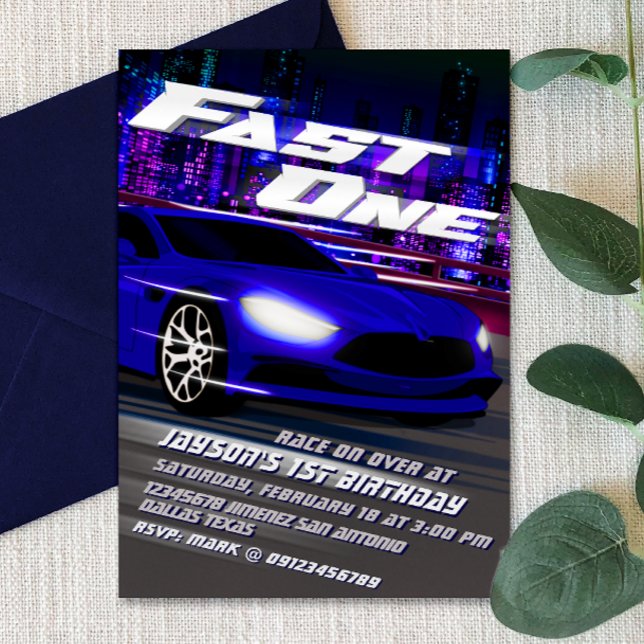 Snabbt 1 Tävla 1:a födelsedagsinbjudan Inbjudningar (Fast One - 1st Birthday Racing Boy Invitation)