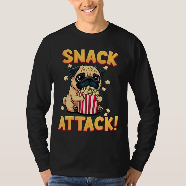 Snack Attack - Pug med Popcorn-Tecknad T Shirt (Framsida)