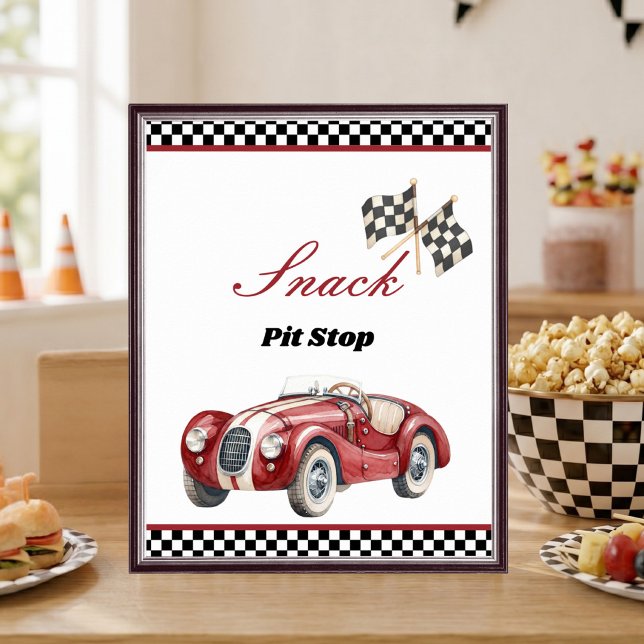 Snack Pit Stop Racingbil 1-årsdag Bordsskylt Poster (Snack Pit Stop Race Car 1st Birthday Table Sign)