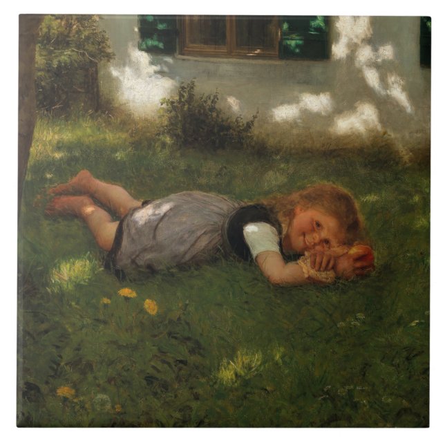 Snack-tid (Sweet Young Girl Ljugande på Grass) Kakelplatta (Framsidan)