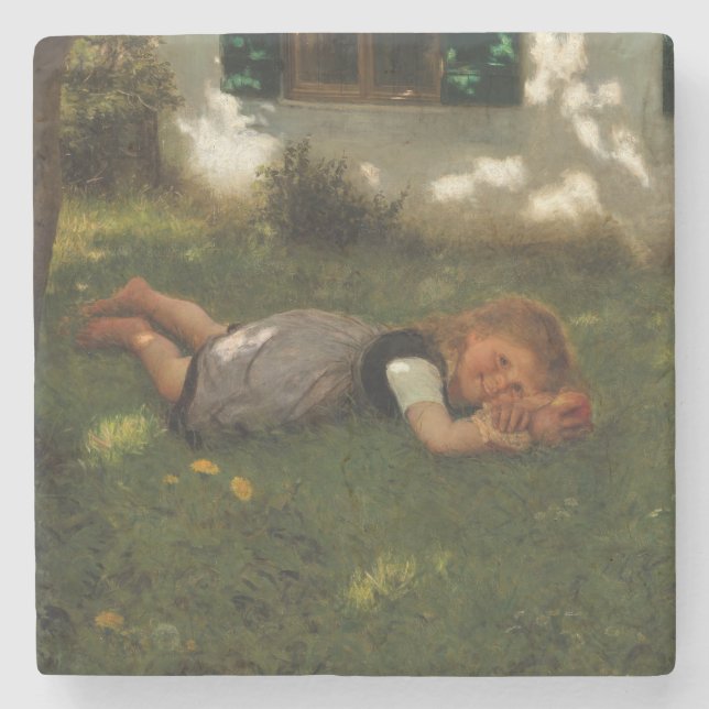 Snack-tid (Sweet Young Girl Ljugande på Grass) Stenunderlägg (Framsidan)