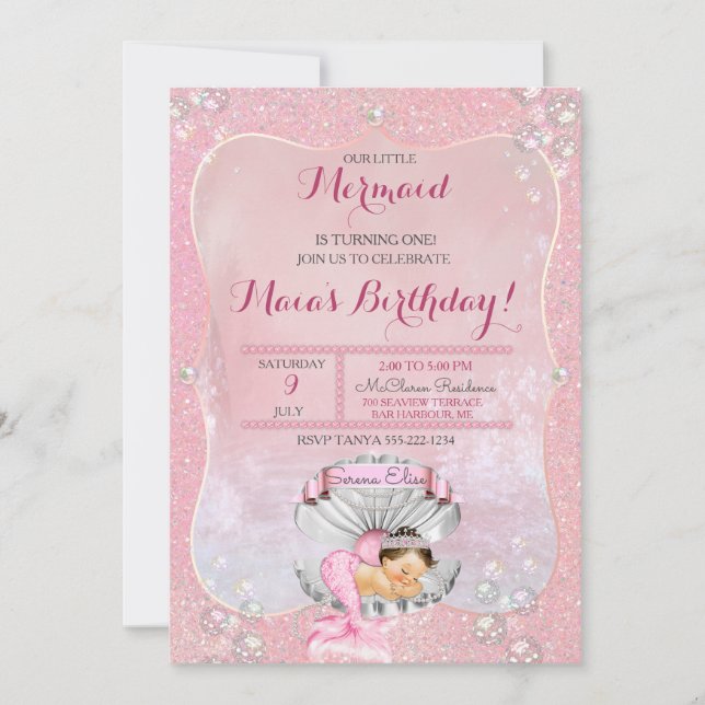 Snäcka av Rosa Pearls Clam för Sjöjungfru Flickor Inbjudningar (Framsida)