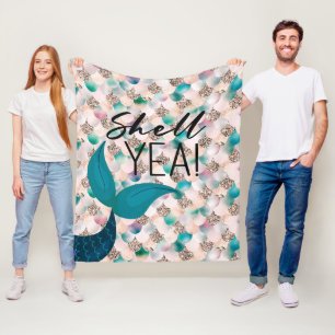 Snäcka Yea Teal & Guld Glam Sjöjungfru Svan & Scal Fleecefilt