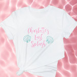 Snäckan Bachelorette förra Stänk Tropical Beach  T Shirt<br><div class="desc">Gör bruden "Förra Stänk" oförglömlig med den här roligten bachelorette Party T-shirt! Designad med ett system för rosa och turkos i färg och lekfulla accents för snäcka är den här skjortan perfekt för strand, poolside eller tropiskt temat firande. Anpassa till namn för att göra extra speciellt och minnesvärt för hennes...</div>