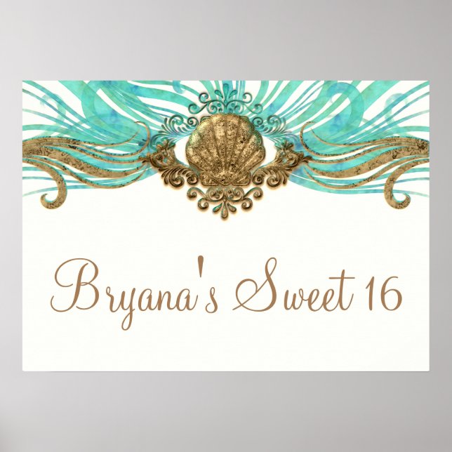Snäckan guld & Teal Sea  Glam Beach Banner Poster (Framsidan)