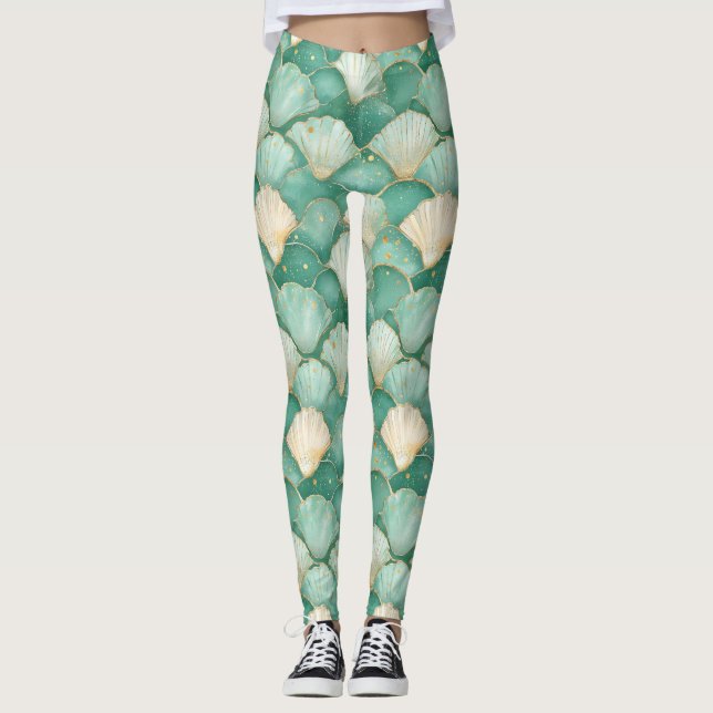 Snäckan guld Wave Mönster i Aqua Teal Leggings (Framsida)