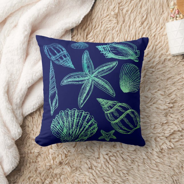 Snäckan Modern Seashell Navy Aqua White Ombre Beac Kudde (Filt)