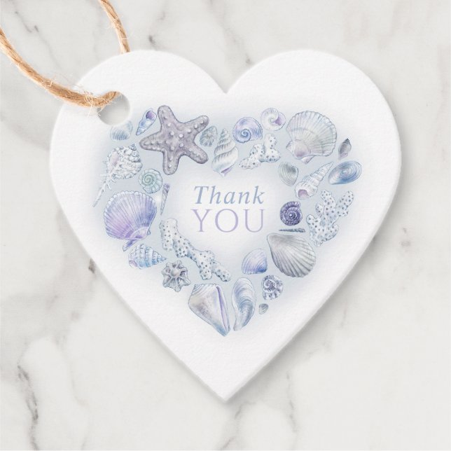 Snäckans hjärtkonst tack för strandblått bröllop gåvor etiketter (Framsida)