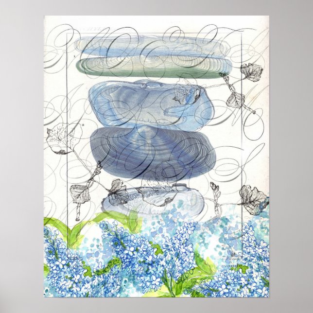 Snäckor Blue Lilacs Watercolor Flowers Collage Poster (Framsidan)