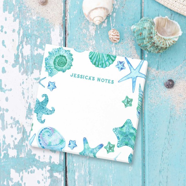 Snäckor för kustnära ytvatten och stjärtfiskar post-it block (Coastal Beach Watercolor Sea Shells and Starfish Post-it Notes)