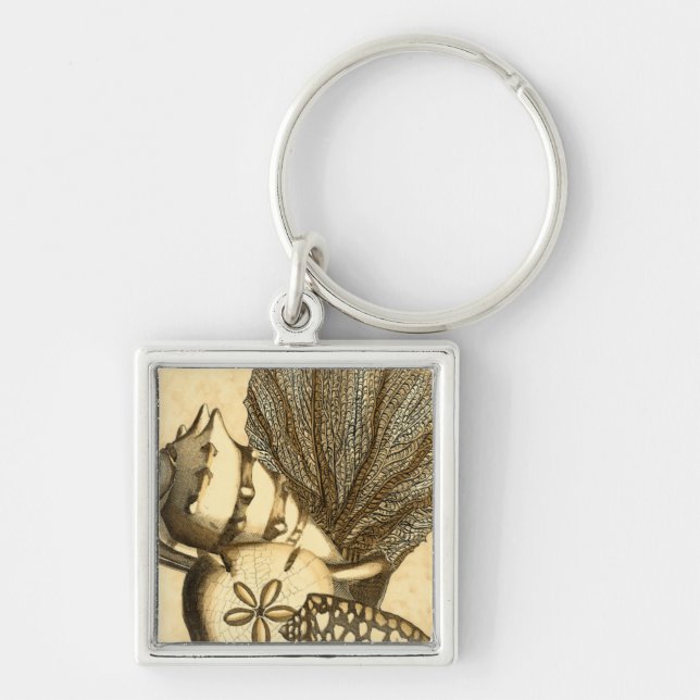 Snäckor för neutralt och korallsamling fyrkantig silverfärgad nyckelring (Framsidan)