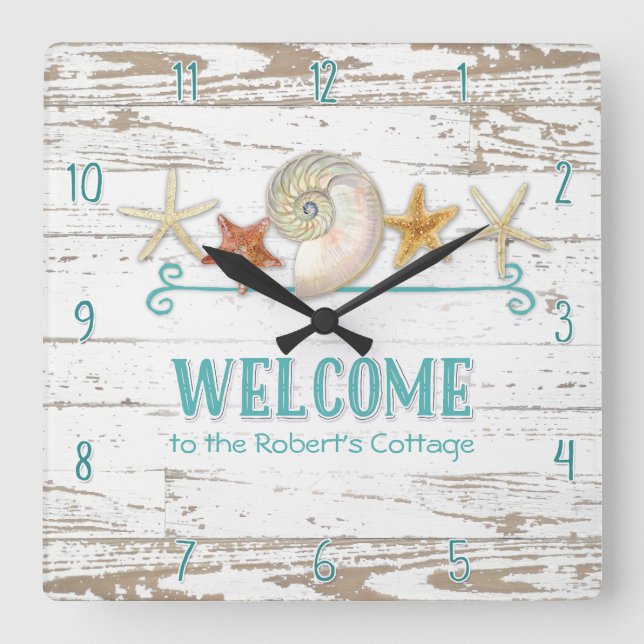 Snäckor för strand för stugastilvälkomnande stiger fyrkantig klocka (Framsida)