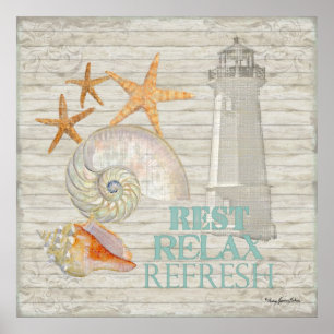 Snäckor för vattenfärgsfyr - Beach Cottage Decor Poster